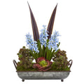 21" Hyacinth and Succulent Artificial Plant in Metal Tray
