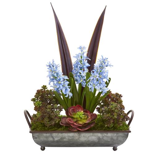 21" Hyacinth and Succulent Artificial Plant in Metal Tray