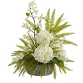 21" Hydrangea and Fern Artificial Arrangement in Weathered Oak Vase