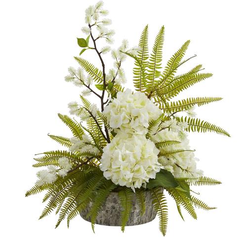 21" Hydrangea and Fern Artificial Arrangement in Weathered Oak Vase