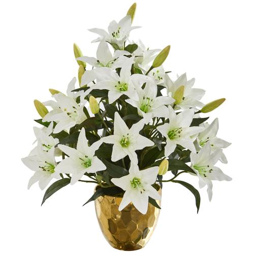 21" Lily Artificial Arrangement in Designer Gold Bowl