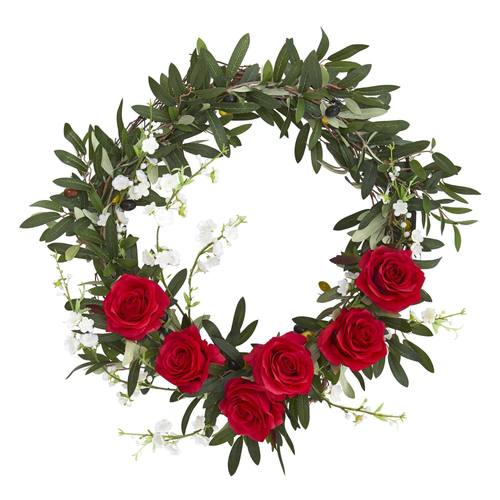 21" Olive, Rose and Cherry Blossom Artificial Wreath
