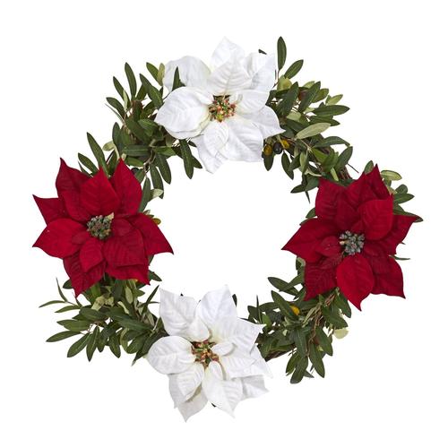 21" Olive with Poinsettia Artificial Wreath