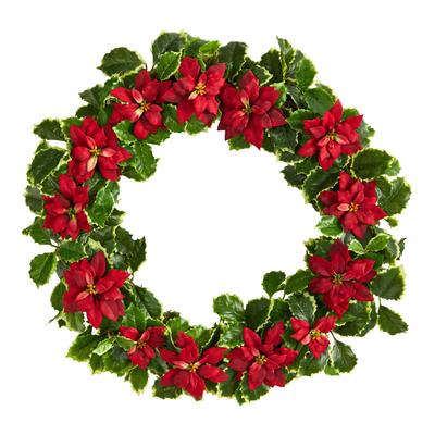 21" Poinsettia and Variegated Holly Artificial Christmas Wreath
