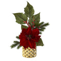 21" Poinsettia, Berries and Pine Artificial Arrangement in Gold Vase