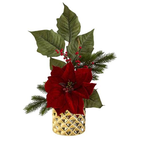 21" Poinsettia, Berries and Pine Artificial Arrangement in Gold Vase