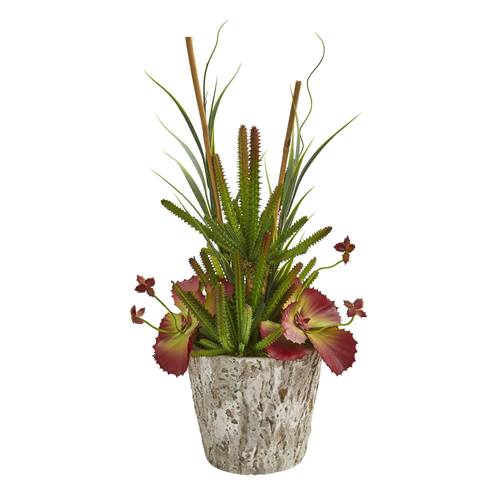 21" Succulent and Grass Artificial Plant in Weathered Oak Planter