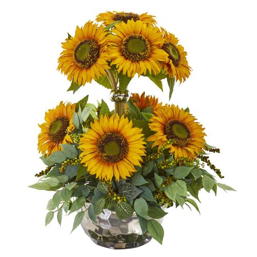 21" Sunflower and Mixed Greens Artificial Arrangement in Silver Vase