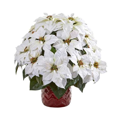 21" White Poinsettia Artificial Arrangement in Red Vase