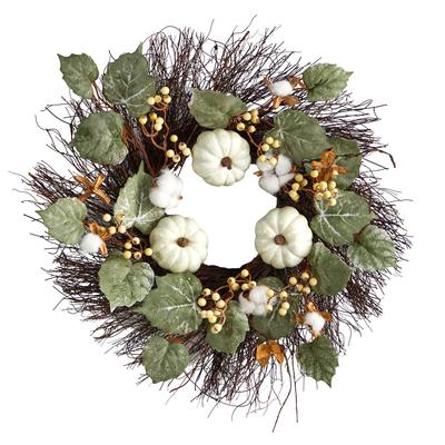 22" Autumn Green Pumpkin, Cotton and Berries Artificial Fall Wreath