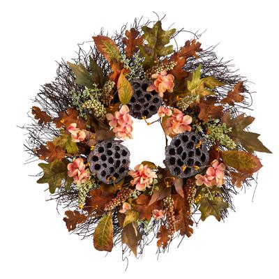 22" Autumn Hydrangea, Dried Lotus Pod Artificial Fall Wreath