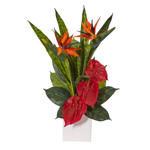 22" Bird of Paradise, Anthurium and Sansevieria Artificial Plant in White Planter