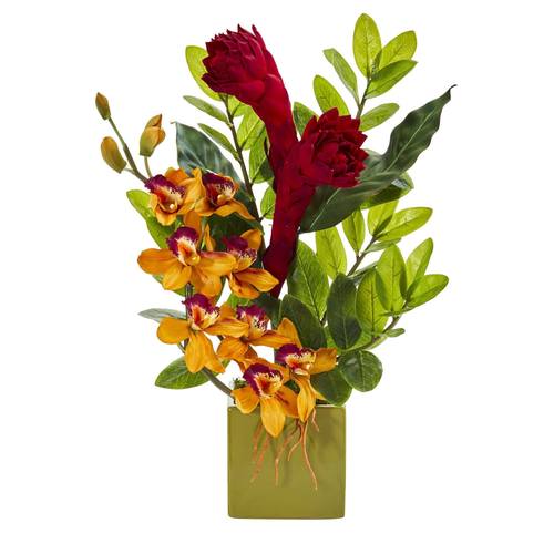 22" Cymbidium Orchid, Ginger and Zamioculcas Artificial Arrangement in Green Vase