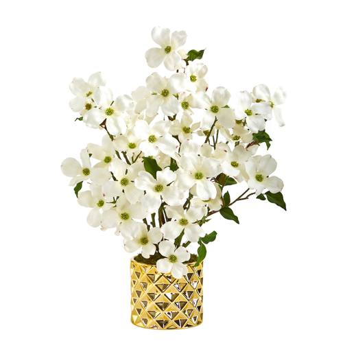 22" Dogwood Artificial Arrangement in Gold Vase