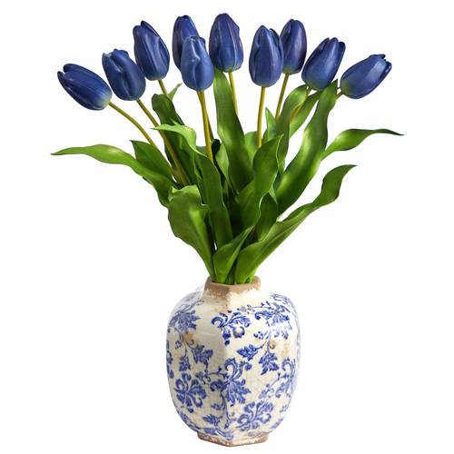 22" Dutch Tulip Artificial Arrangement in Blue and White Print Planter