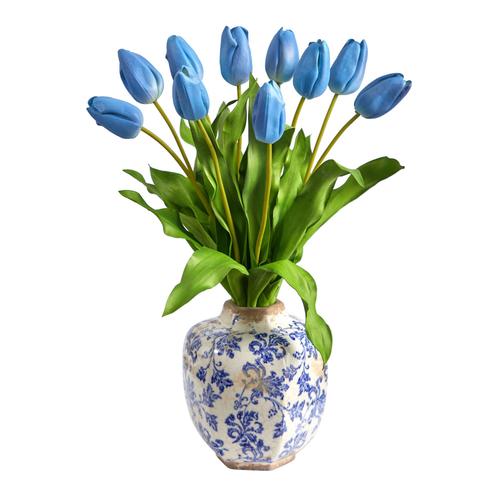 22" Dutch Tulip Artificial Arrangement in Blue and White Print Planter