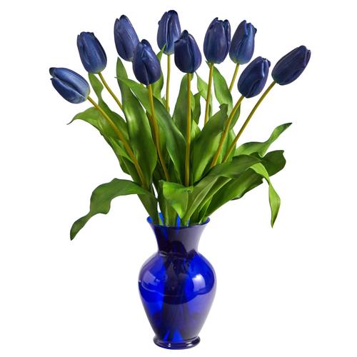 22" Dutch Tulip Artificial Arrangement in Blue Colored Vase