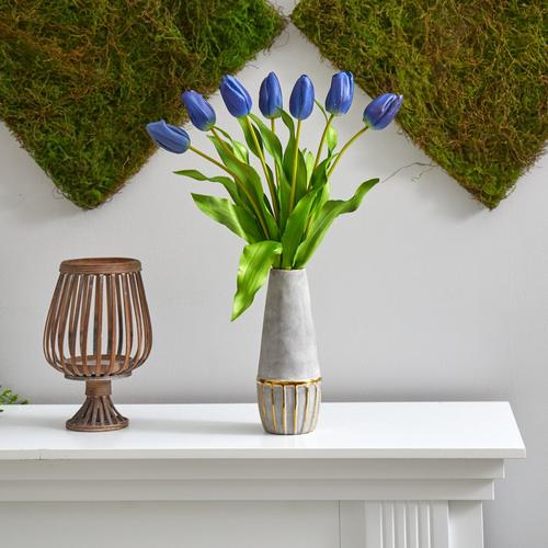 22" Dutch Tulip Artificial Arrangement in Stoneware Vase with Gold Trimming