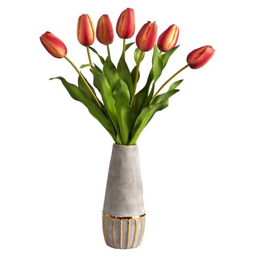22" Dutch Tulip Artificial Arrangement in Stoneware Vase with Gold Trimming