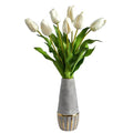 22" Dutch Tulip Artificial Arrangement in Stoneware Vase with Gold Trimming
