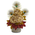 22" Peony and Peacock Feather Artificial Arrangement in Bowl with Gold Trimming