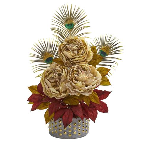 22" Peony and Peacock Feather Artificial Arrangement in Bowl with Gold Trimming