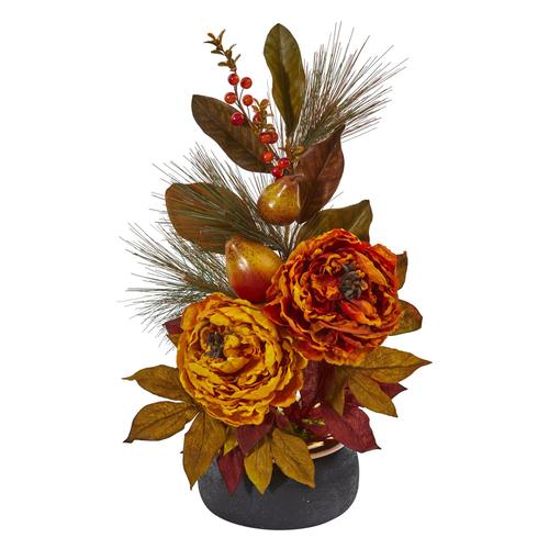22" Peony, Pear and Magnolia Leaf Artificial Arrangement in Black Vase with Copper Rim