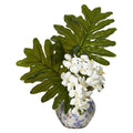 22" Phalaenopsis Orchid and Philo Leaf Artificial Arrangement in Floral Vase