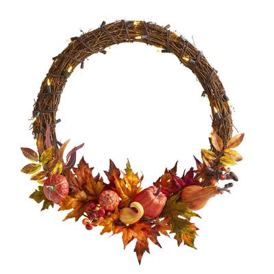 22" Pumpkin and Maple Artificial Autumn Wreath with 50 Warm White LED Lights