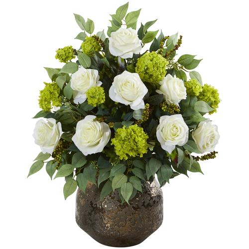 22" Rose and Snowball Hydrangea Artificial Arrangement in Designer Vase