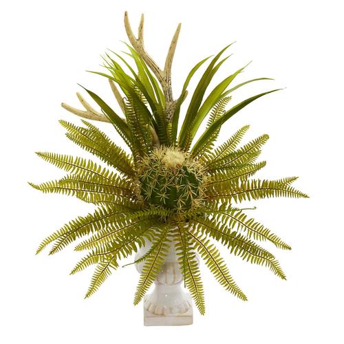 23" Cactus and Fern Artificial Plant in White Urn