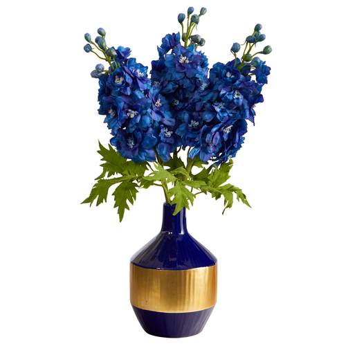 23" Delphinium Artificial Arrangement in Blue and Gold Designer Vase