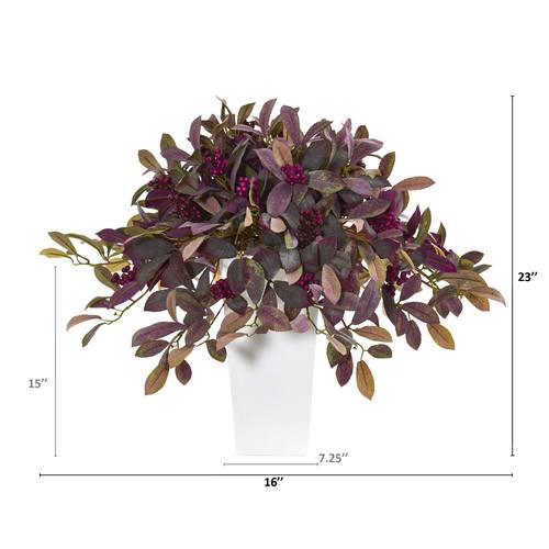 23" Fall Laurel Leaf with Berries Artificial Plant in White Planter