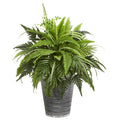 23" Mixed Greens and Fern Artificial Plant in Tin Planter with Black Pattern