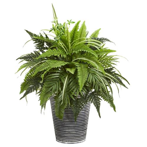 23" Mixed Greens and Fern Artificial Plant in Tin Planter with Black Pattern