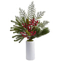 23" Mixed Pine, Pinecone and Berry Artificial Arrangement in White Vase