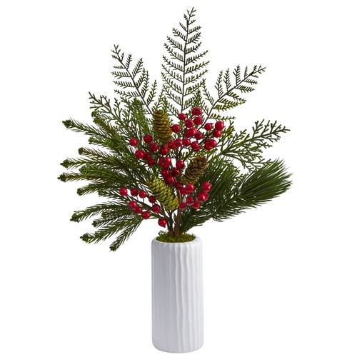 23" Mixed Pine, Pinecone and Berry Artificial Arrangement in White Vase