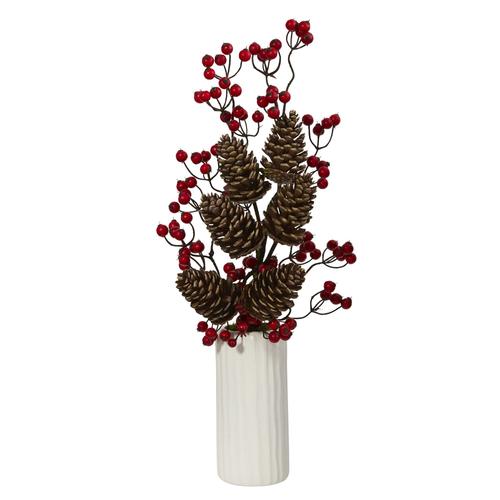 23" Pinecone and Berries Artificial Arrangement in White Vase