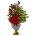 23" Poinsettia and Boxwood Artificial Arrangement in Stoneware Urn with Gold Trimming