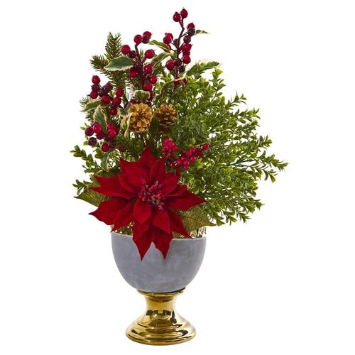 23" Poinsettia and Boxwood Artificial Arrangement in Stoneware Urn with Gold Trimming