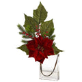 23" Poinsettia, Berries and Pine Artificial Arrangement in Glass Vase