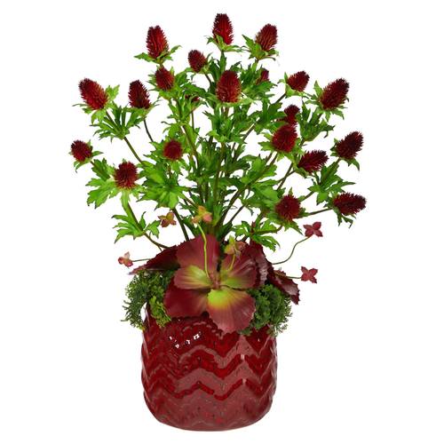 23" Thistle and Succulent Artificial Arrangement in Red Vase