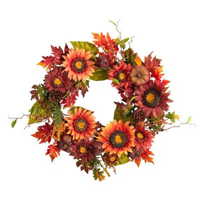 24" Autumn Sunflower, Pumpkin, Pinecone and Berries Fall Artificial Wreath