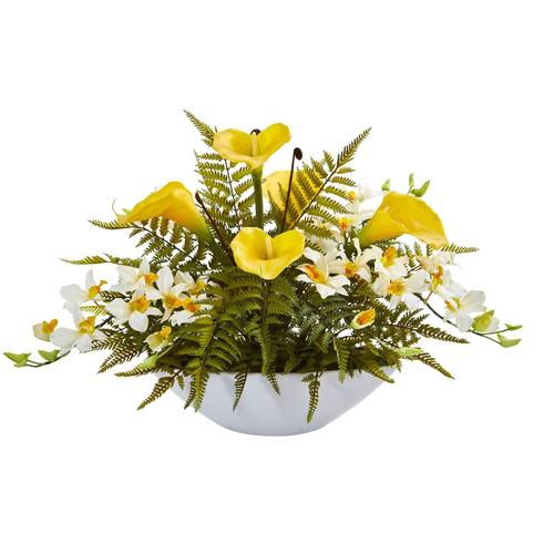 24" Calla Lilly, Dendrobium Orchid and Fern Artificial Arrangement in White Vase