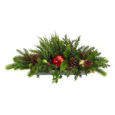 24" Cedar Pine, Pinecones and Ornaments Artificial Christmas Arrangement in Tin Vase