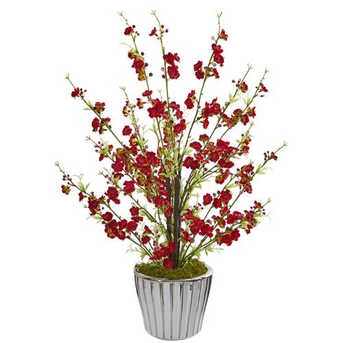 24" Cherry Blossom Artificial Arrangement in White Vase with Silver Trimming