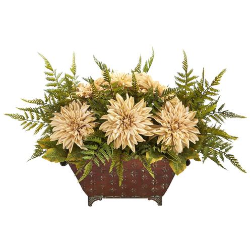 24" Dahlia and Fern Artificial Arrangement in Metal Planter