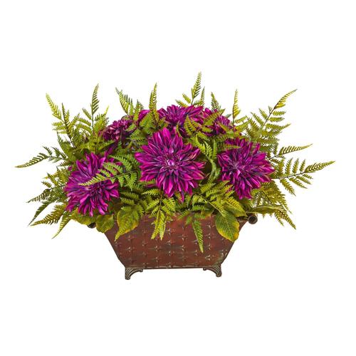 24" Dahlia and Fern Artificial Arrangement in Metal Planter