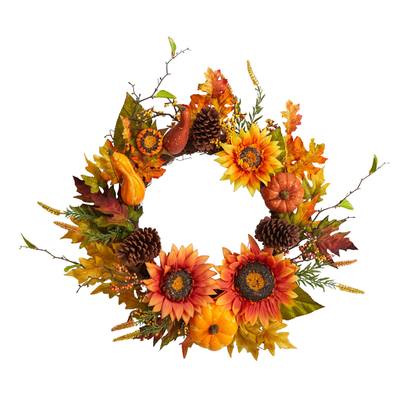 24" Fall Sunflower, Pumpkin, Gourds, Pinecone and Berries Autumn Artificial Wreath