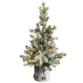 24" Flocked Christmas Artificial Tree in Decorative Birch Bark Planter with 30 LED lights